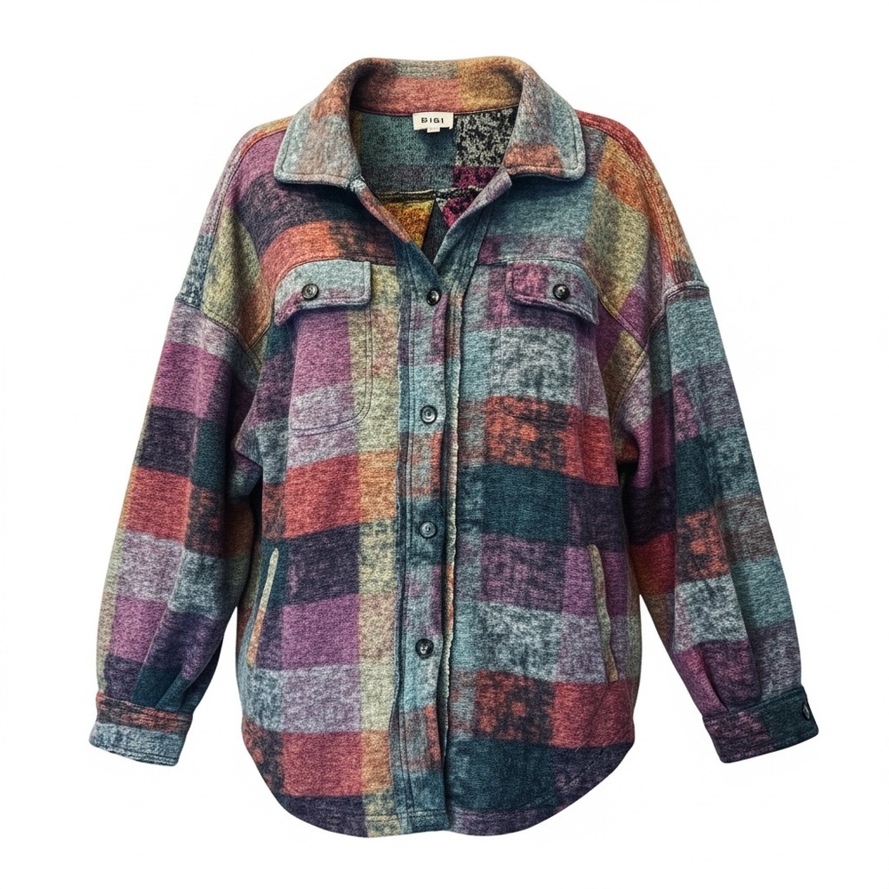 BiBi Plaid Shacket Oversized Button Front Jacket Cozy Boho Layer Size S